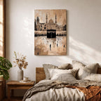 Abstract painting of the Kaaba at Masjid Al Haram in Mecca, featuring the black cubic shrine centered in the mosque courtyard with surrounding arches, minarets, and distant worshippers, rendered in warm beige and sepia tones with expressive textured brushwork.