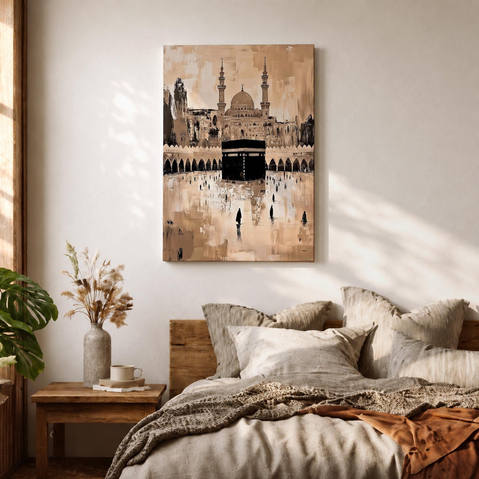 Abstract painting of the Kaaba at Masjid Al Haram in Mecca, featuring the black cubic shrine centered in the mosque courtyard with surrounding arches, minarets, and distant worshippers, rendered in warm beige and sepia tones with expressive textured brushwork.