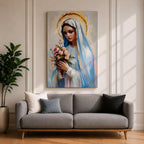 Impressionist style painting of the Virgin Mary wearing a white veil and soft blue mantle while holding a bouquet of pink flowers, with a glowing golden halo behind her head and gentle brushstrokes forming a serene devotional portrait of the Blessed Mother.