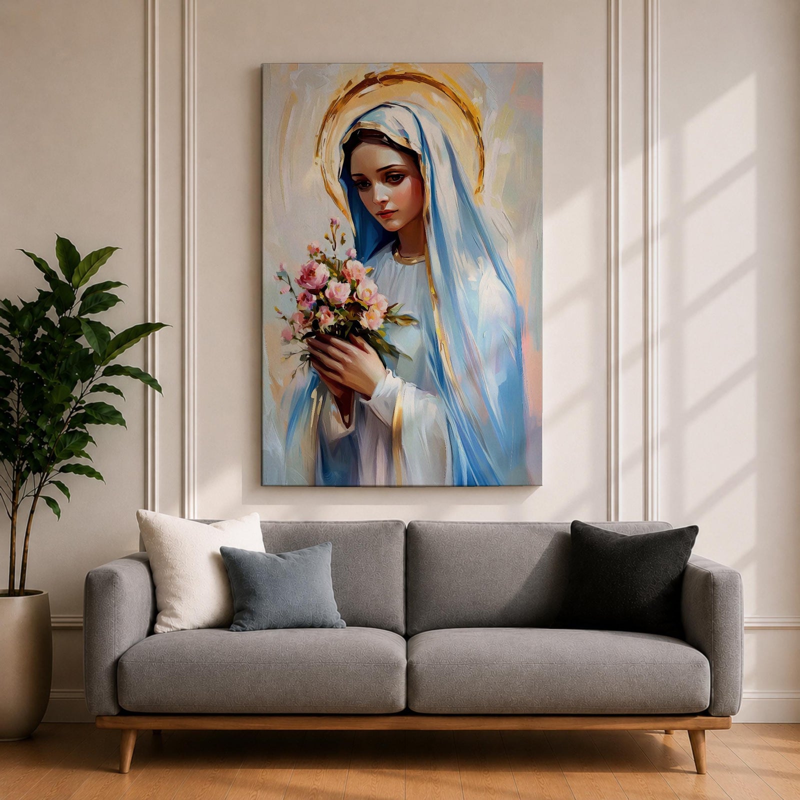 Impressionist style painting of the Virgin Mary wearing a white veil and soft blue mantle while holding a bouquet of pink flowers, with a glowing golden halo behind her head and gentle brushstrokes forming a serene devotional portrait of the Blessed Mother.
