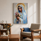Impressionist style painting of the Virgin Mary wearing a white veil and soft blue mantle while holding a bouquet of pink flowers, with a glowing golden halo behind her head and gentle brushstrokes forming a serene devotional portrait of the Blessed Mother.