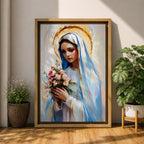 Impressionist style painting of the Virgin Mary wearing a white veil and soft blue mantle while holding a bouquet of pink flowers, with a glowing golden halo behind her head and gentle brushstrokes forming a serene devotional portrait of the Blessed Mother.