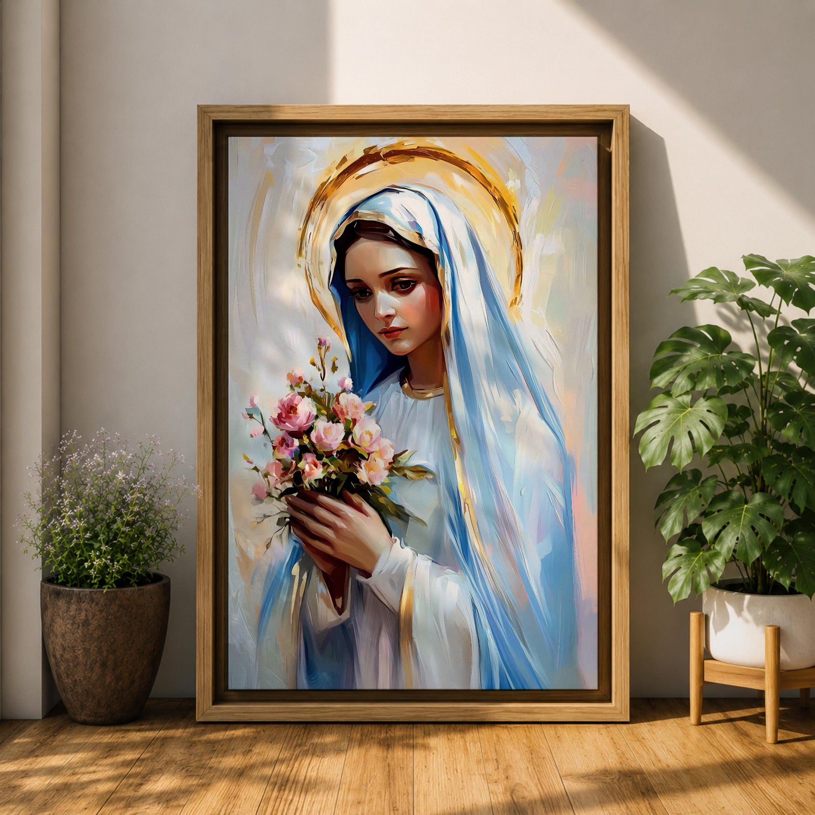 Impressionist style painting of the Virgin Mary wearing a white veil and soft blue mantle while holding a bouquet of pink flowers, with a glowing golden halo behind her head and gentle brushstrokes forming a serene devotional portrait of the Blessed Mother.