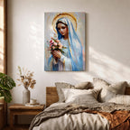 Impressionist style painting of the Virgin Mary wearing a white veil and soft blue mantle while holding a bouquet of pink flowers, with a glowing golden halo behind her head and gentle brushstrokes forming a serene devotional portrait of the Blessed Mother.