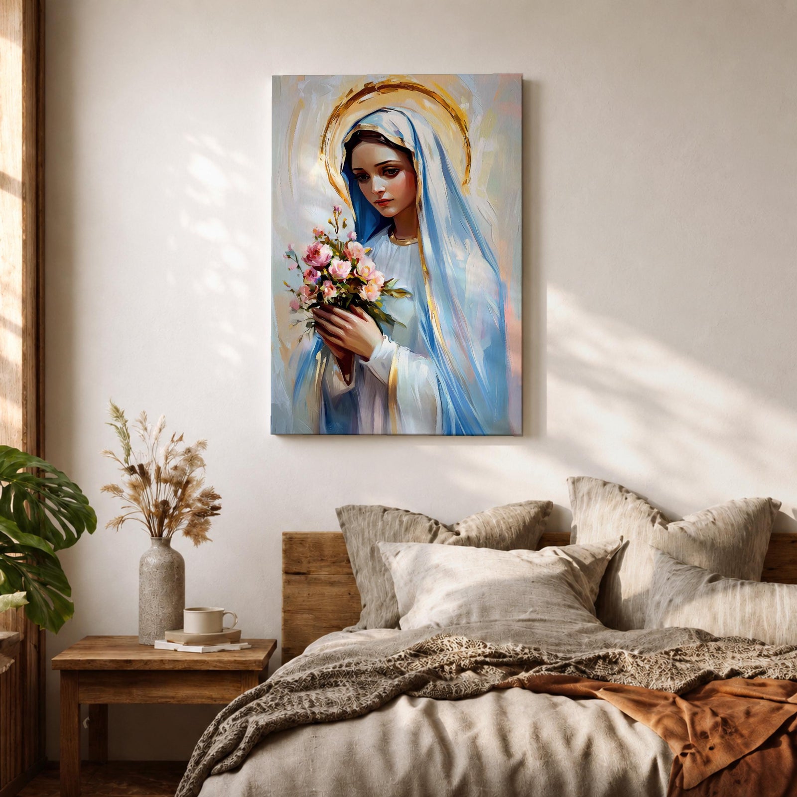 Impressionist style painting of the Virgin Mary wearing a white veil and soft blue mantle while holding a bouquet of pink flowers, with a glowing golden halo behind her head and gentle brushstrokes forming a serene devotional portrait of the Blessed Mother.