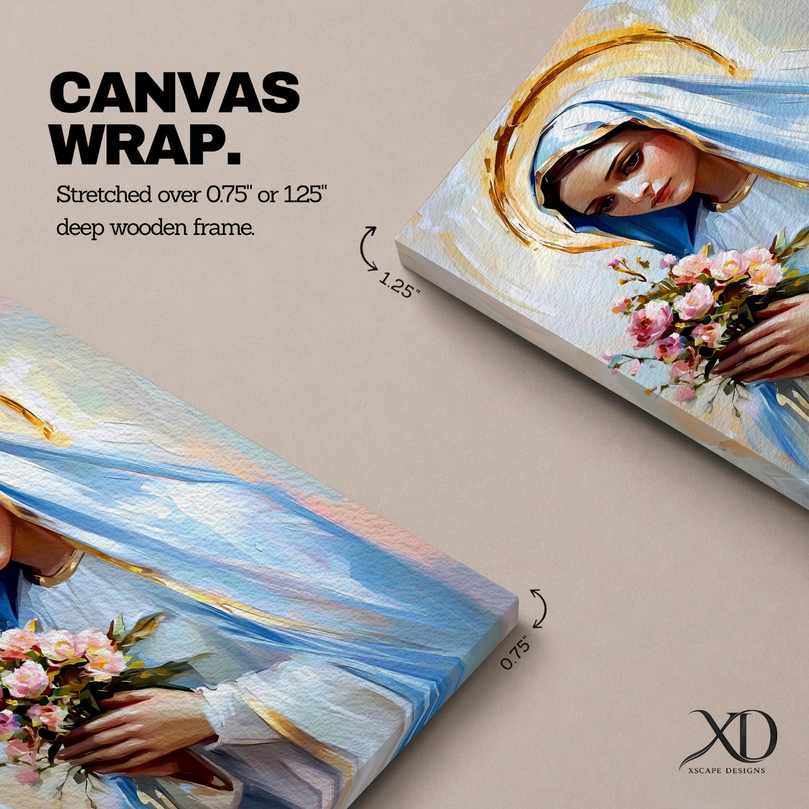 Impressionist style painting of the Virgin Mary wearing a white veil and soft blue mantle while holding a bouquet of pink flowers, with a glowing golden halo behind her head and gentle brushstrokes forming a serene devotional portrait of the Blessed Mother.