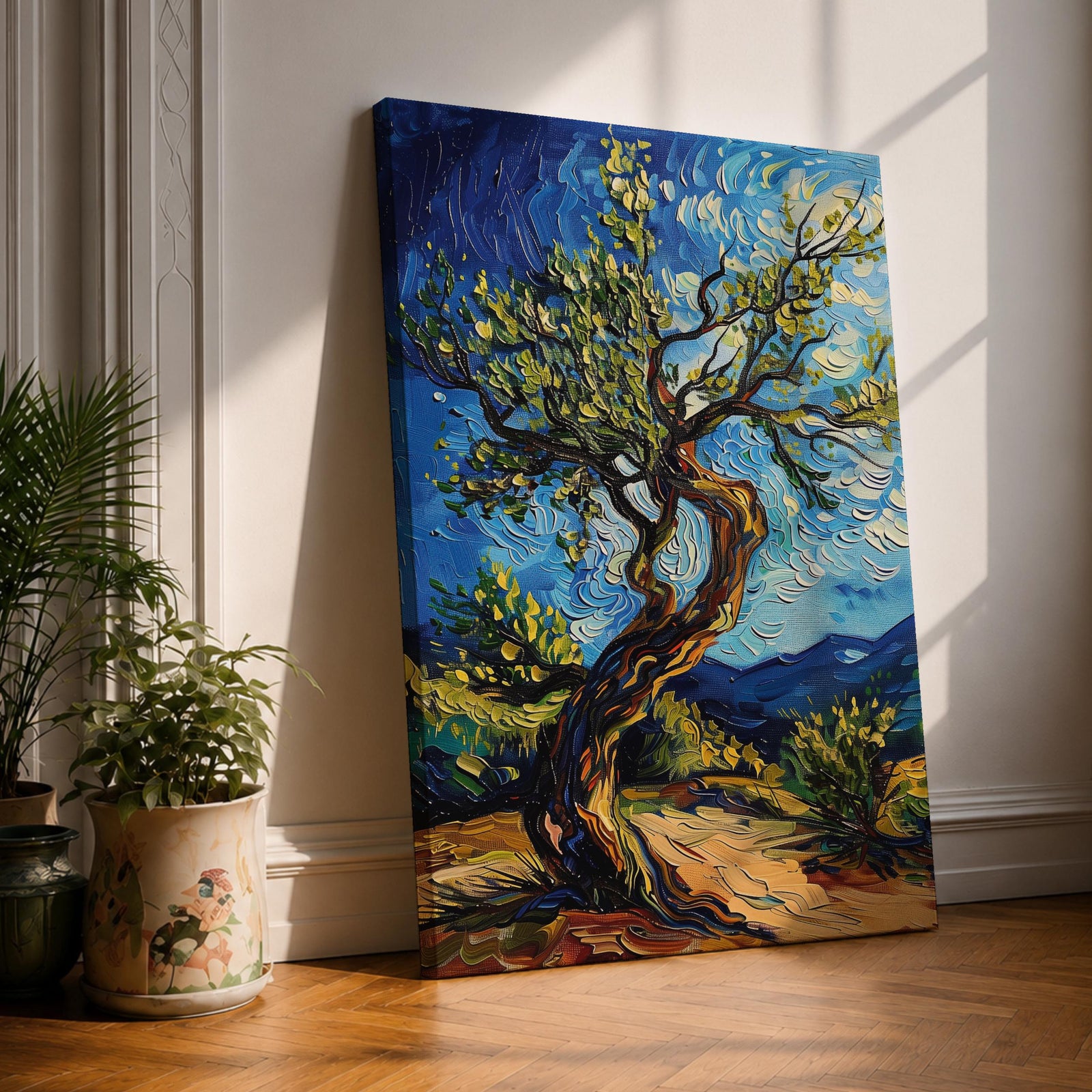A vibrant impasto painting of a twisted olive tree with thick textured brushstrokes inspired by Van Gogh’s style. The artwork features swirling blue skies and dynamic foliage, capturing a lively landscape scene with expressive color and movement.