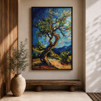 A vibrant impasto painting of a twisted olive tree with thick textured brushstrokes inspired by Van Gogh’s style. The artwork features swirling blue skies and dynamic foliage, capturing a lively landscape scene with expressive color and movement.