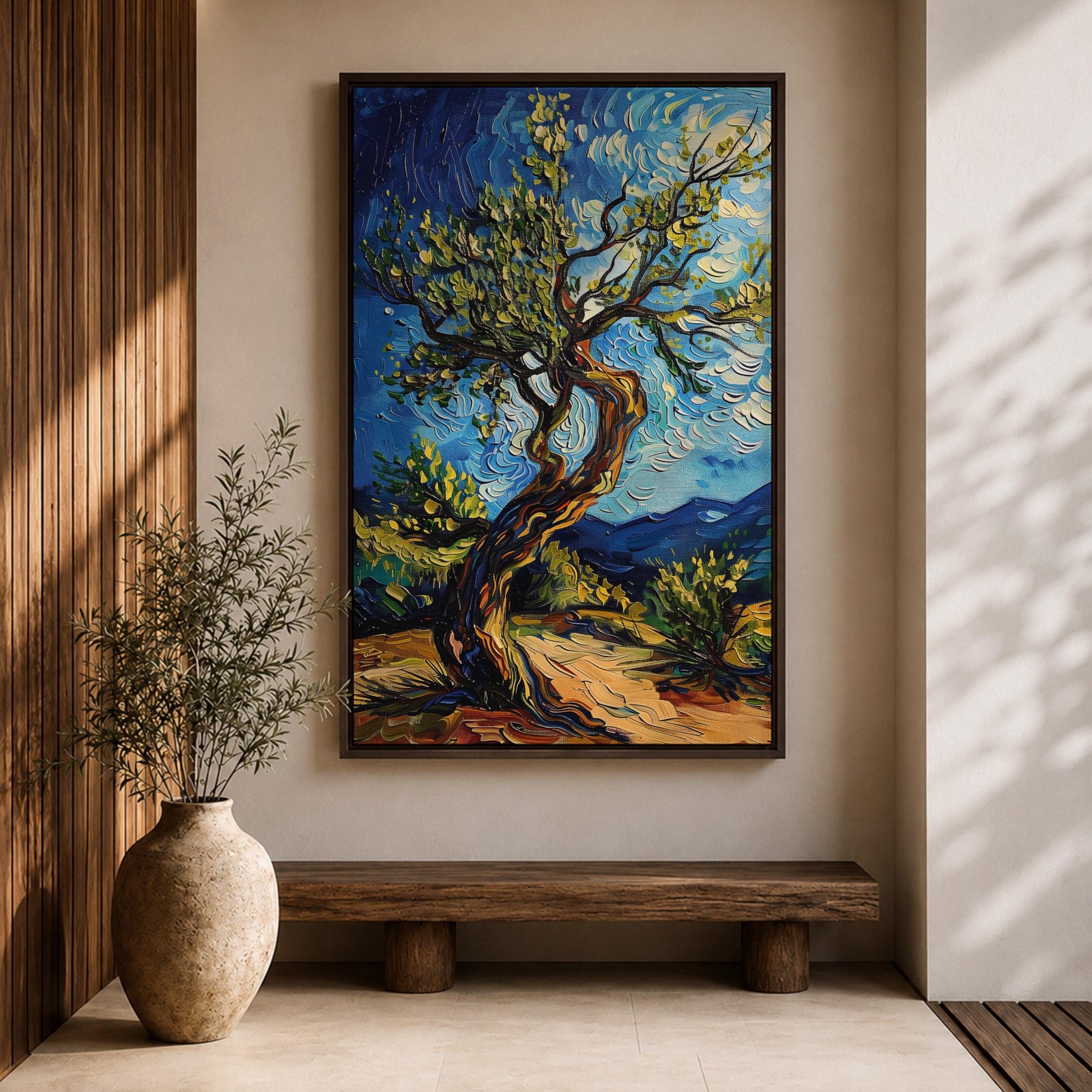 A vibrant impasto painting of a twisted olive tree with thick textured brushstrokes inspired by Van Gogh’s style. The artwork features swirling blue skies and dynamic foliage, capturing a lively landscape scene with expressive color and movement.