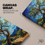 A vibrant impasto painting of a twisted olive tree with thick textured brushstrokes inspired by Van Gogh’s style. The artwork features swirling blue skies and dynamic foliage, capturing a lively landscape scene with expressive color and movement.