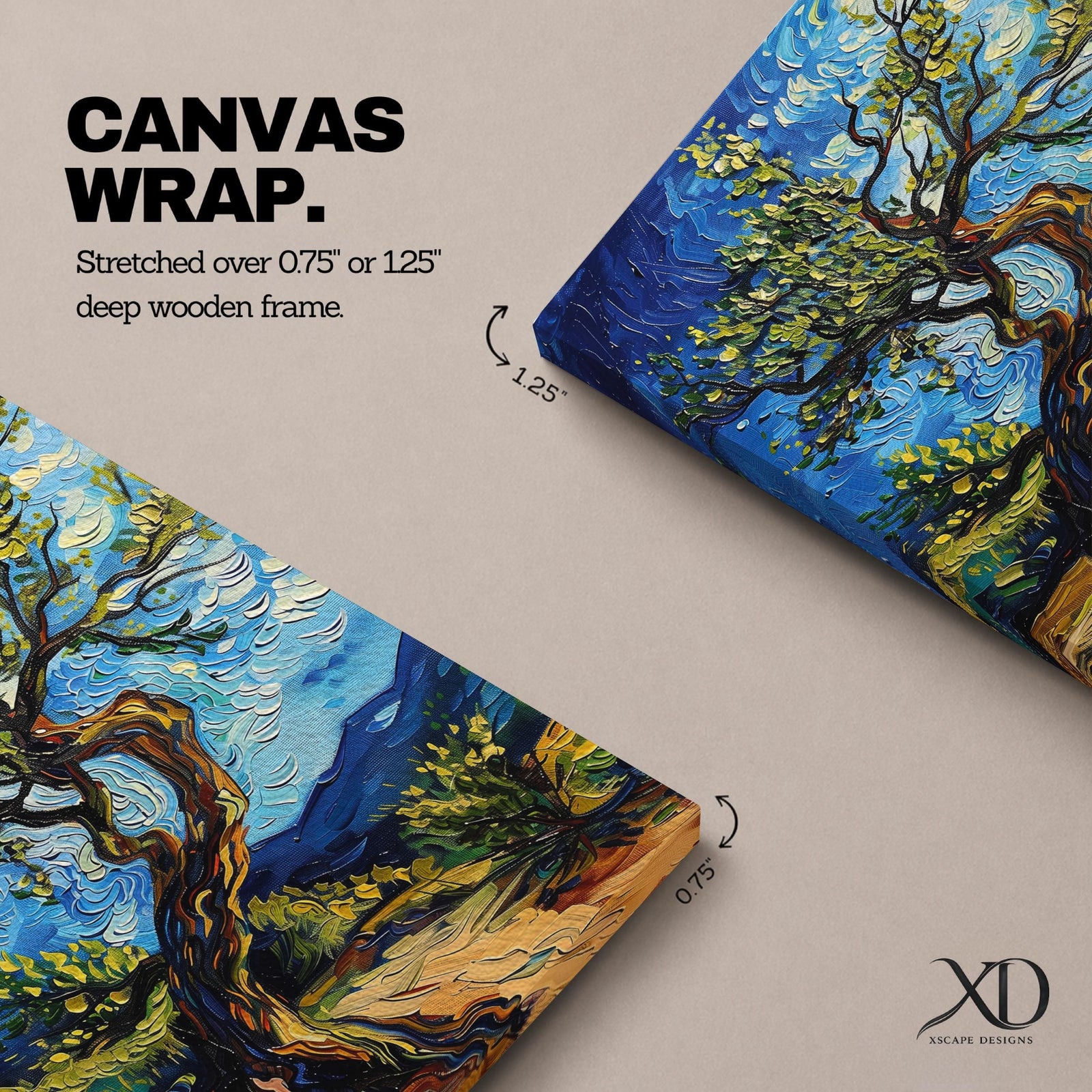 A vibrant impasto painting of a twisted olive tree with thick textured brushstrokes inspired by Van Gogh’s style. The artwork features swirling blue skies and dynamic foliage, capturing a lively landscape scene with expressive color and movement.