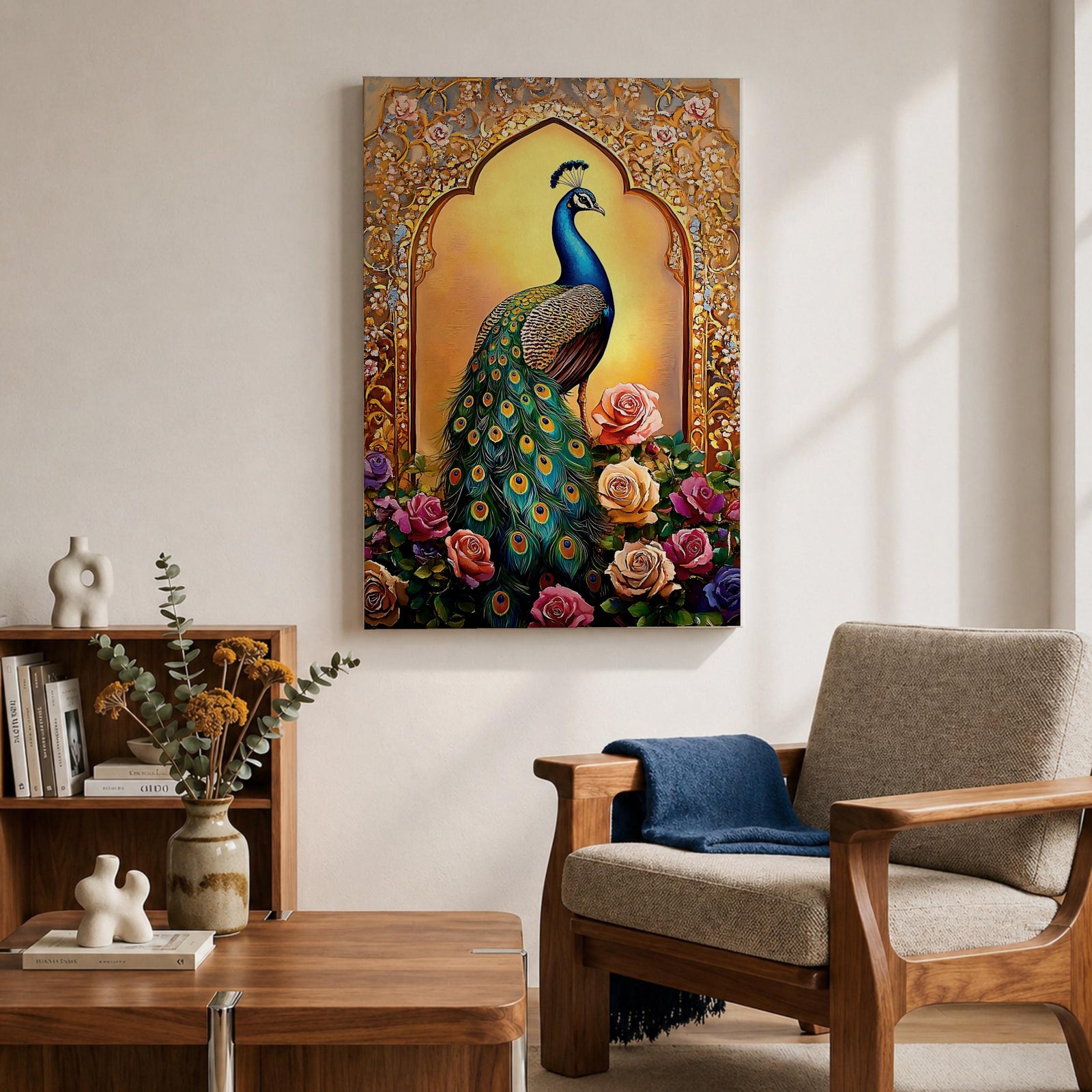 Peacock Bird Wall Art Indian Royal Mughal Floral Nature Gift Living Room Home Decor