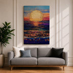 A vibrant painting of a large golden sun setting over a textured ocean horizon, featuring shimmering reflections on the water and a colorful sky blending blues, purples, and warm sunset tones. The artwork captures a peaceful coastal landscape with a focus on light and natural beauty.