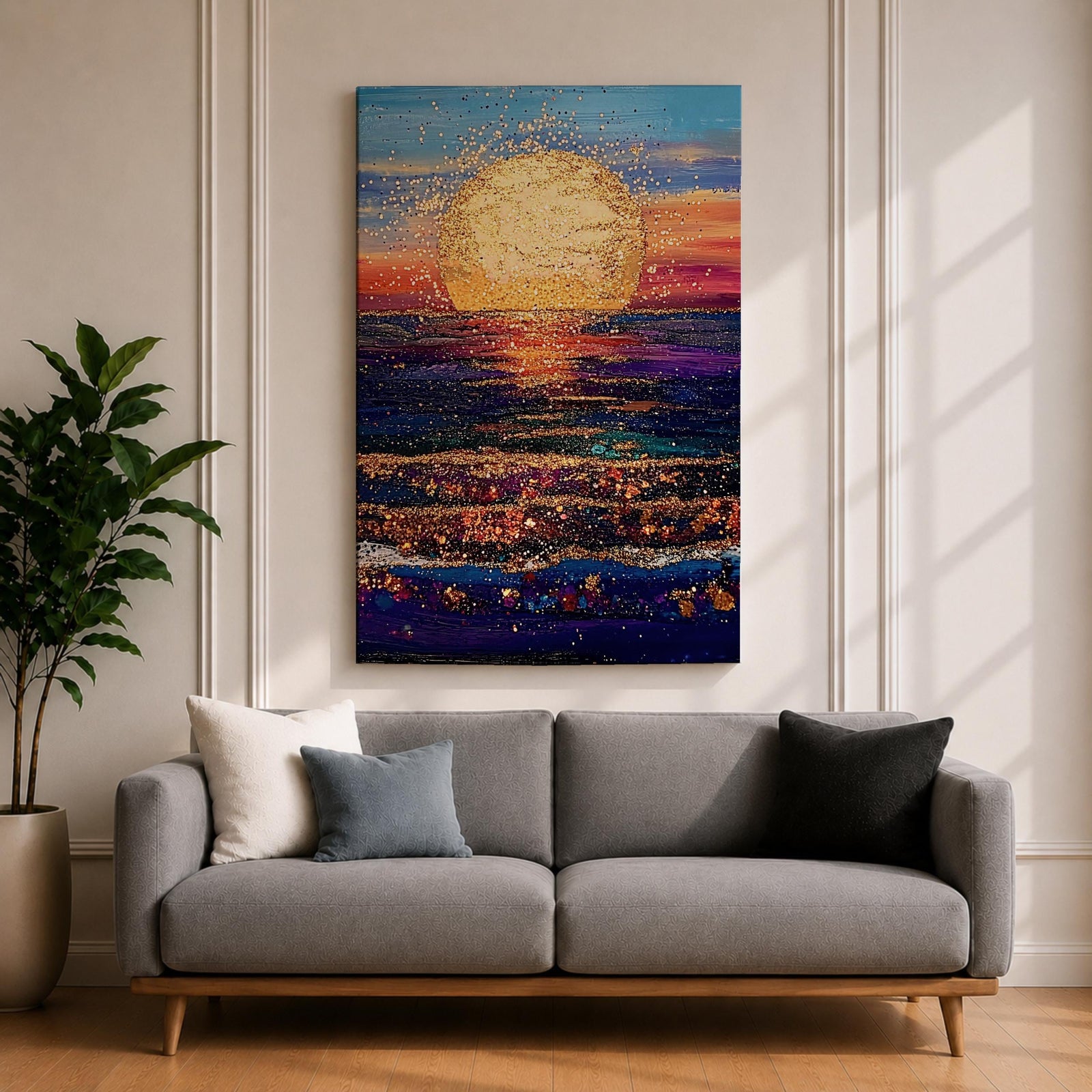 A vibrant painting of a large golden sun setting over a textured ocean horizon, featuring shimmering reflections on the water and a colorful sky blending blues, purples, and warm sunset tones. The artwork captures a peaceful coastal landscape with a focus on light and natural beauty.