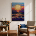 A vibrant painting of a large golden sun setting over a textured ocean horizon, featuring shimmering reflections on the water and a colorful sky blending blues, purples, and warm sunset tones. The artwork captures a peaceful coastal landscape with a focus on light and natural beauty.