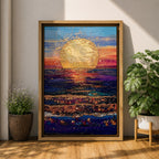 A vibrant painting of a large golden sun setting over a textured ocean horizon, featuring shimmering reflections on the water and a colorful sky blending blues, purples, and warm sunset tones. The artwork captures a peaceful coastal landscape with a focus on light and natural beauty.