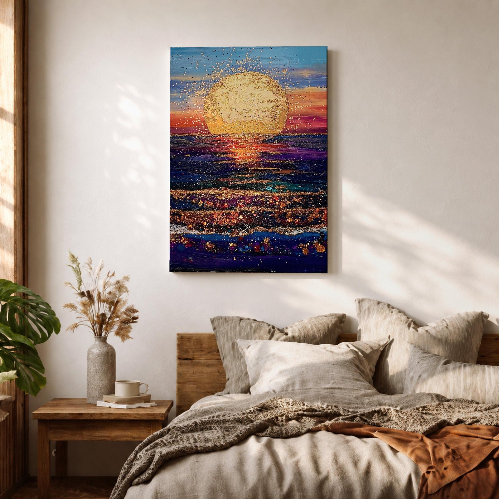 A vibrant painting of a large golden sun setting over a textured ocean horizon, featuring shimmering reflections on the water and a colorful sky blending blues, purples, and warm sunset tones. The artwork captures a peaceful coastal landscape with a focus on light and natural beauty.