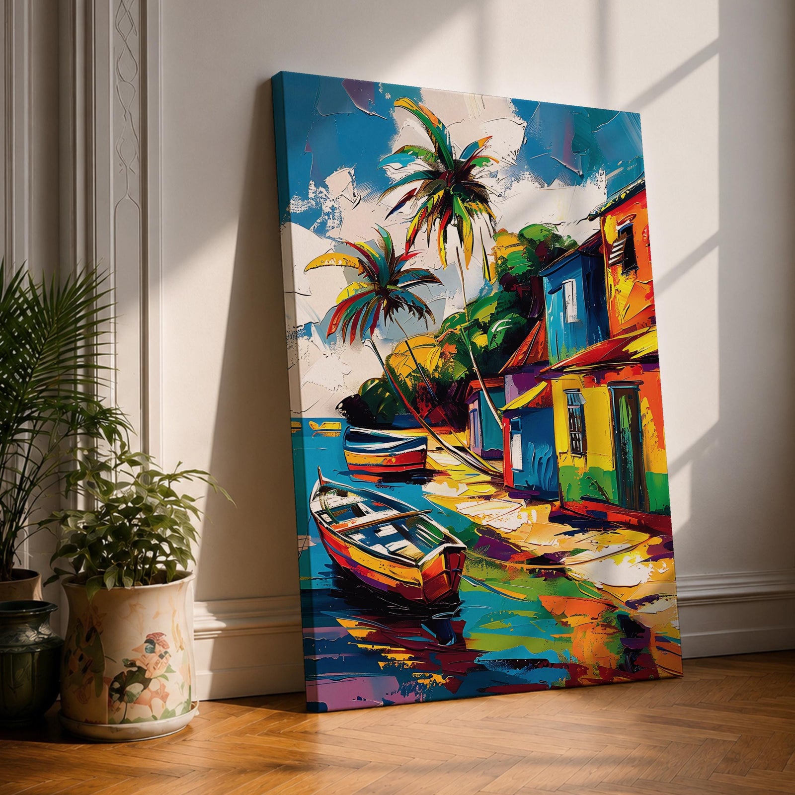 A vibrant painting of a Caribbean village featuring colorful houses along a waterfront with two boats docked near the shore and tall palm trees under a bright sky. The style is bold and lively with strong brushstrokes and vivid colors, capturing a tropical coastal landscape scene.
