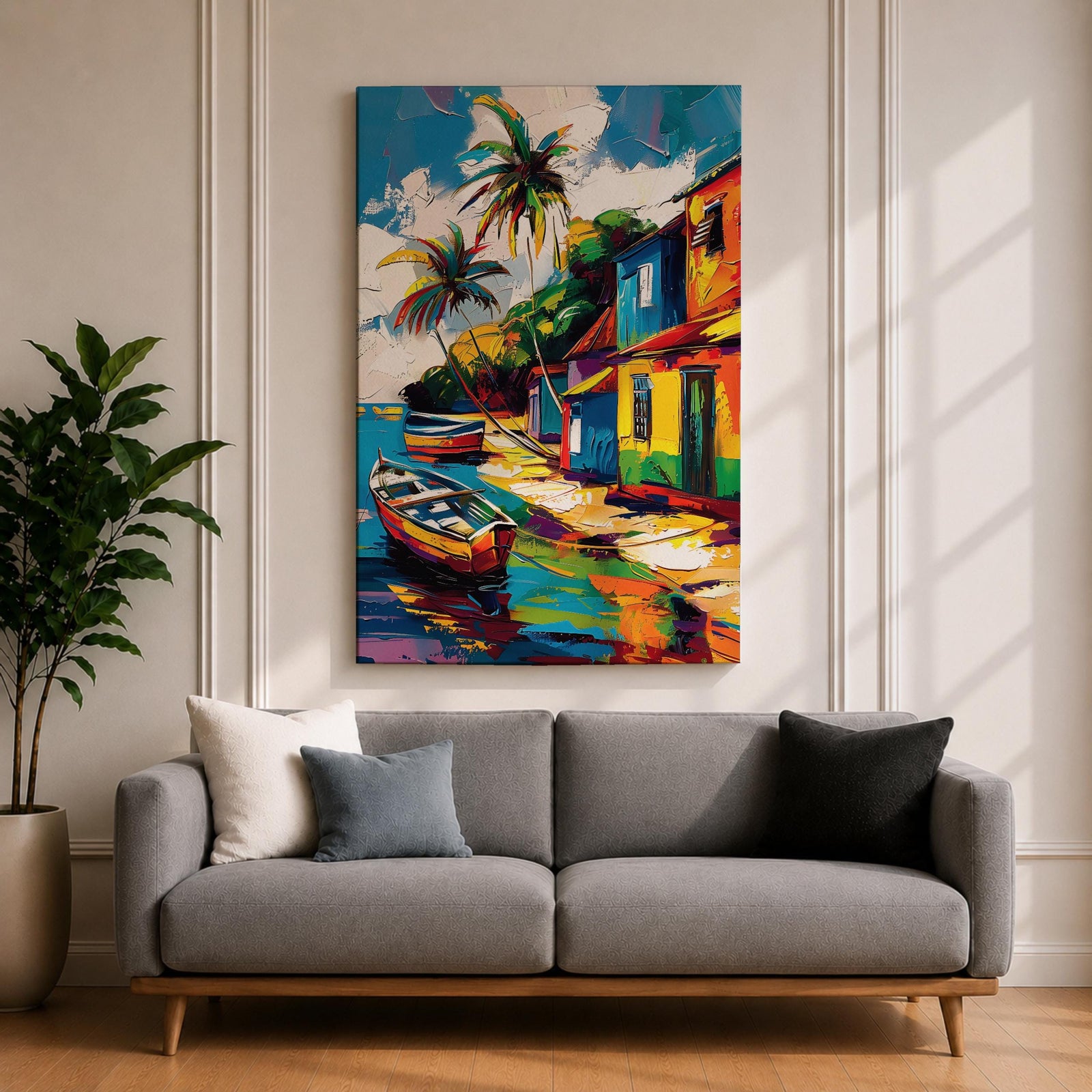 A vibrant painting of a Caribbean village featuring colorful houses along a waterfront with two boats docked near the shore and tall palm trees under a bright sky. The style is bold and lively with strong brushstrokes and vivid colors, capturing a tropical coastal landscape scene.