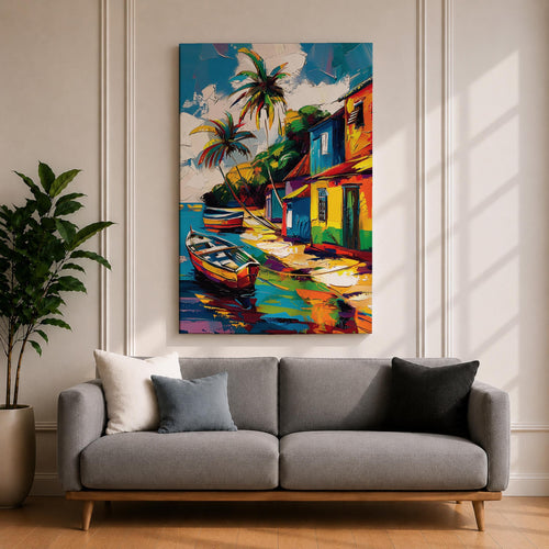 A vibrant painting of a Caribbean village featuring colorful houses along a waterfront with two boats docked near the shore and tall palm trees under a bright sky. The style is bold and lively with strong brushstrokes and vivid colors, capturing a tropical coastal landscape scene.