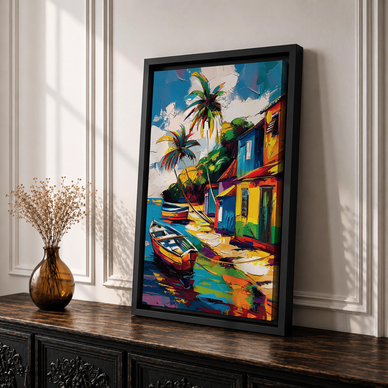 A vibrant painting of a Caribbean village featuring colorful houses along a waterfront with two boats docked near the shore and tall palm trees under a bright sky. The style is bold and lively with strong brushstrokes and vivid colors, capturing a tropical coastal landscape scene.