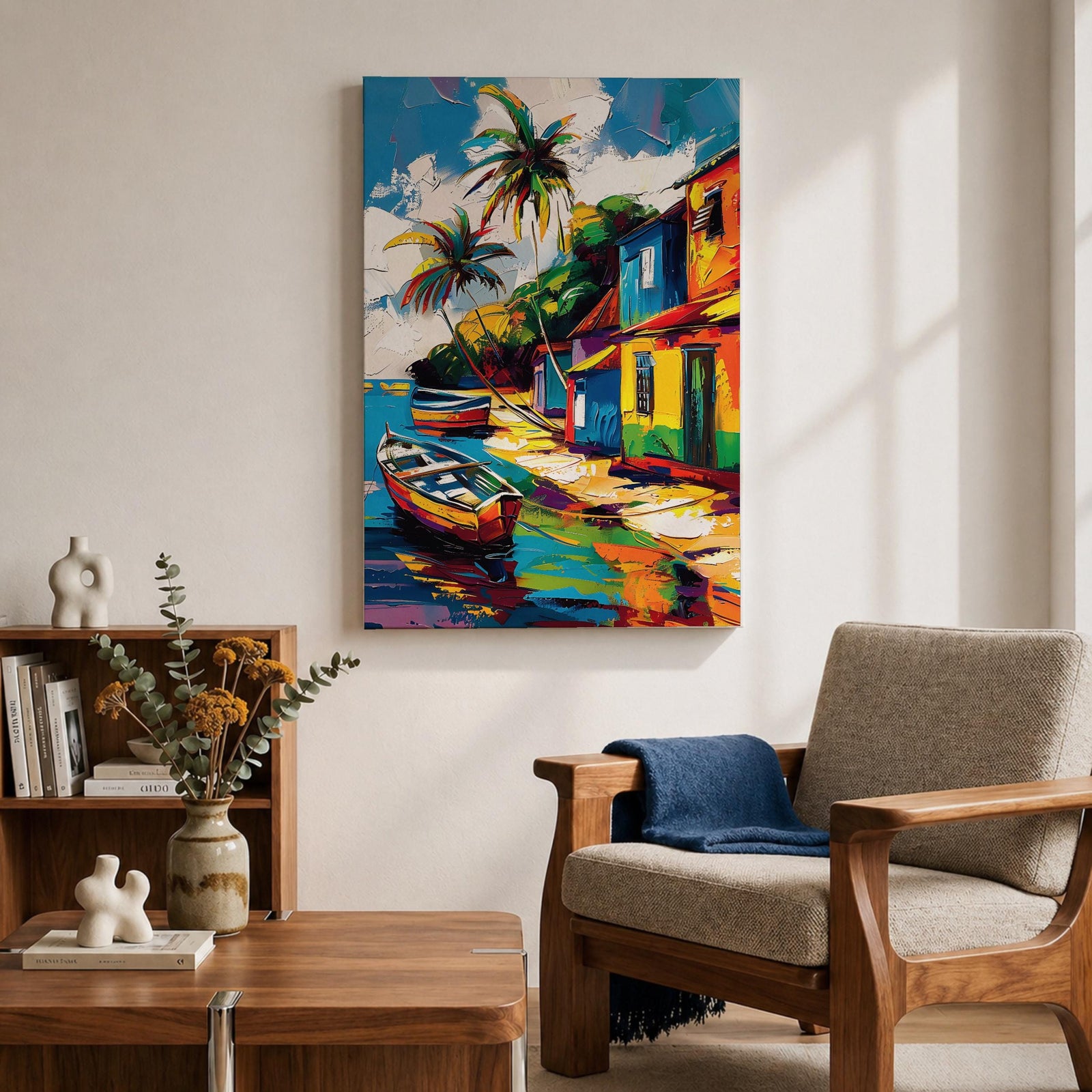 A vibrant painting of a Caribbean village featuring colorful houses along a waterfront with two boats docked near the shore and tall palm trees under a bright sky. The style is bold and lively with strong brushstrokes and vivid colors, capturing a tropical coastal landscape scene.