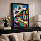 A vibrant painting of a Caribbean village featuring colorful houses along a waterfront with two boats docked near the shore and tall palm trees under a bright sky. The style is bold and lively with strong brushstrokes and vivid colors, capturing a tropical coastal landscape scene.