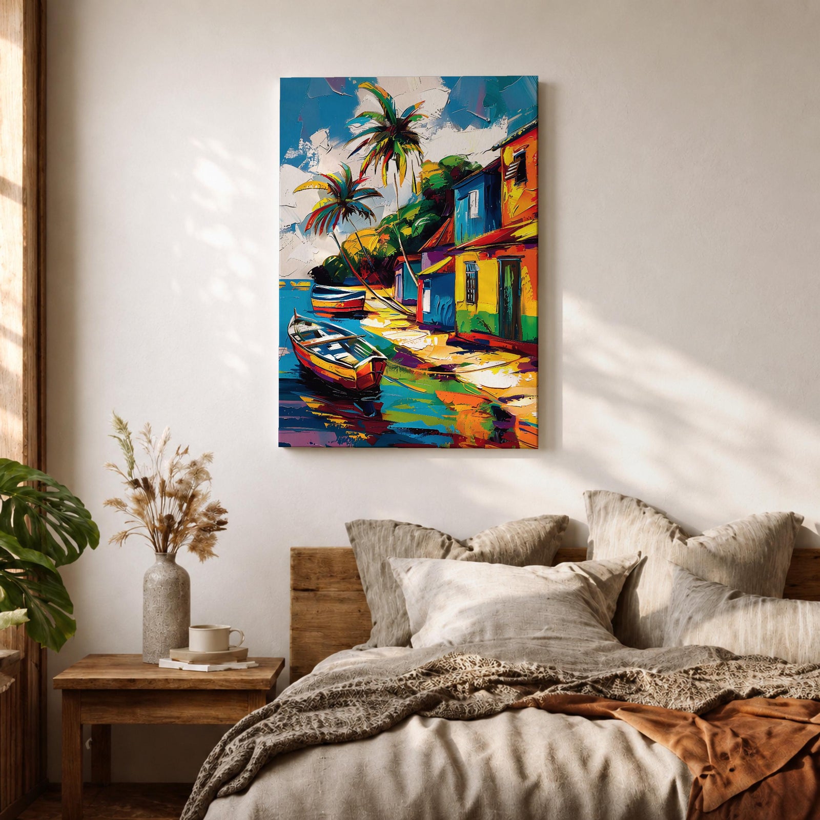 A vibrant painting of a Caribbean village featuring colorful houses along a waterfront with two boats docked near the shore and tall palm trees under a bright sky. The style is bold and lively with strong brushstrokes and vivid colors, capturing a tropical coastal landscape scene.