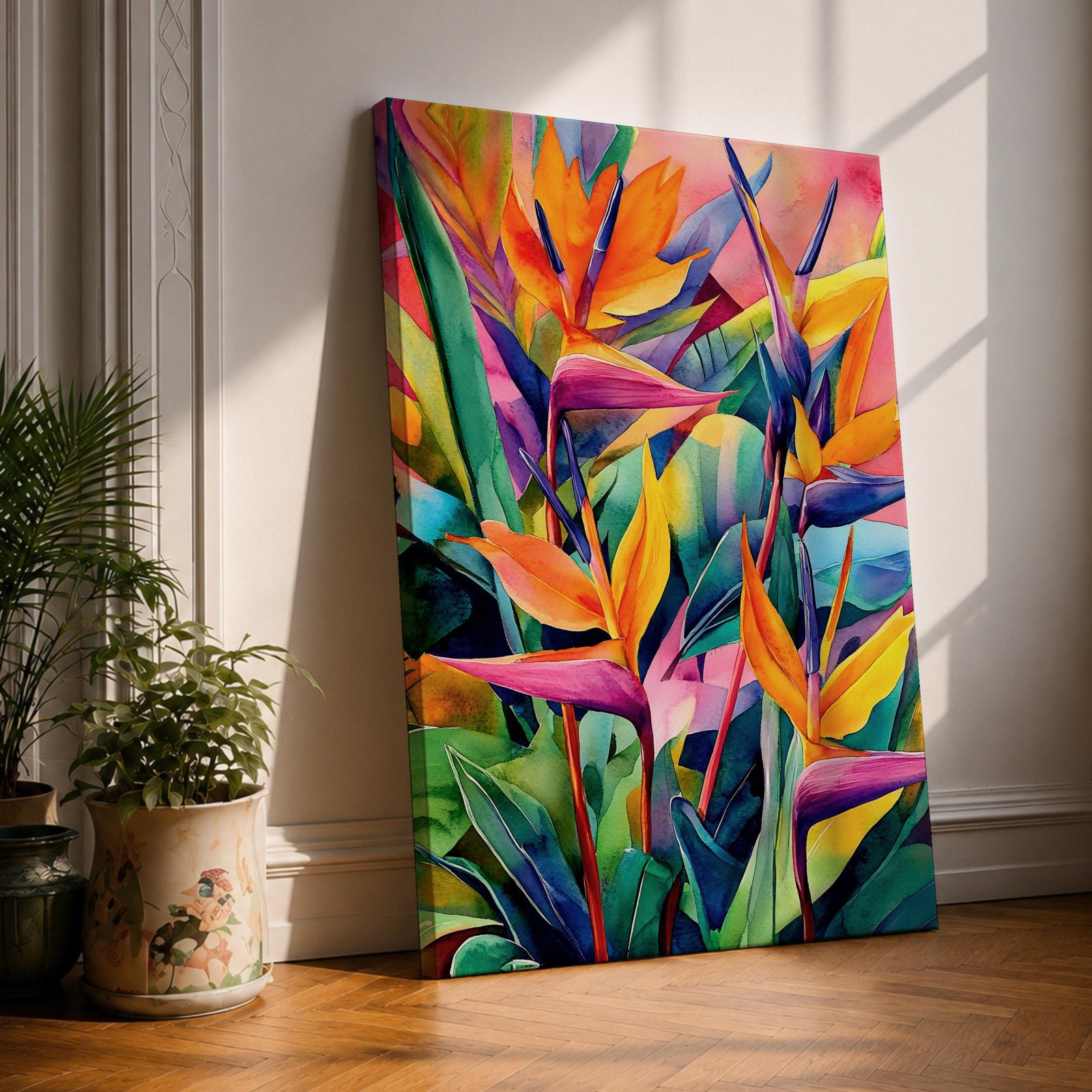 A vibrant watercolor style painting of Bird of Paradise flowers (Strelitzia) featuring bold tropical leaves and bright orange, yellow, and purple petals arranged in a lush, colorful composition with a boho aesthetic.