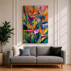 A vibrant watercolor style painting of Bird of Paradise flowers (Strelitzia) featuring bold tropical leaves and bright orange, yellow, and purple petals arranged in a lush, colorful composition with a boho aesthetic.