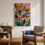 A vibrant watercolor style painting of Bird of Paradise flowers (Strelitzia) featuring bold tropical leaves and bright orange, yellow, and purple petals arranged in a lush, colorful composition with a boho aesthetic.