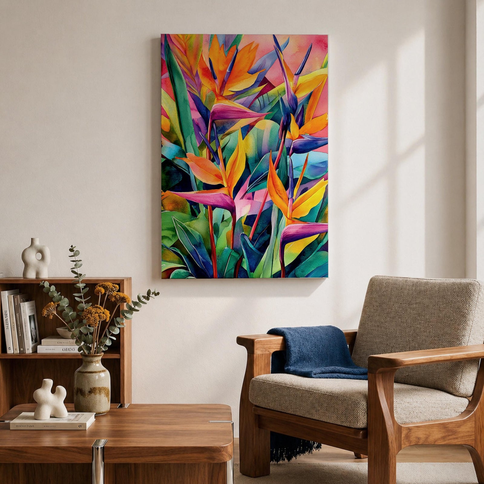 A vibrant watercolor style painting of Bird of Paradise flowers (Strelitzia) featuring bold tropical leaves and bright orange, yellow, and purple petals arranged in a lush, colorful composition with a boho aesthetic.