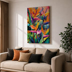 A vibrant watercolor style painting of Bird of Paradise flowers (Strelitzia) featuring bold tropical leaves and bright orange, yellow, and purple petals arranged in a lush, colorful composition with a boho aesthetic.