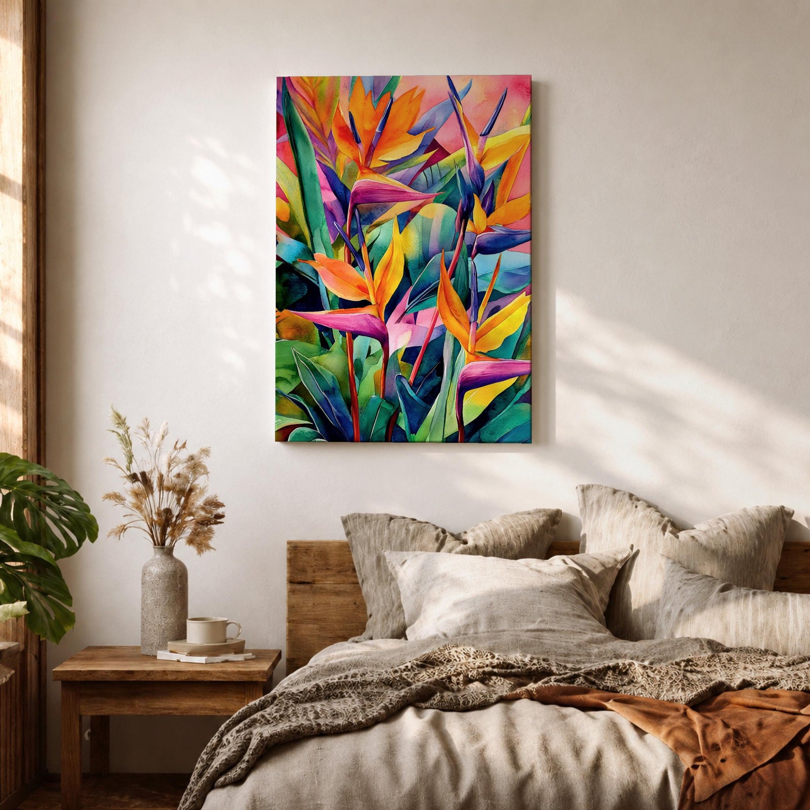 A vibrant watercolor style painting of Bird of Paradise flowers (Strelitzia) featuring bold tropical leaves and bright orange, yellow, and purple petals arranged in a lush, colorful composition with a boho aesthetic.