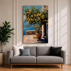 A vibrant painting of a lemon tree laden with ripe yellow lemons in a terracotta pot on a sunlit terrace overlooking a blue sea and distant mountains, rendered in a realistic style with rich textures and detailed foliage.