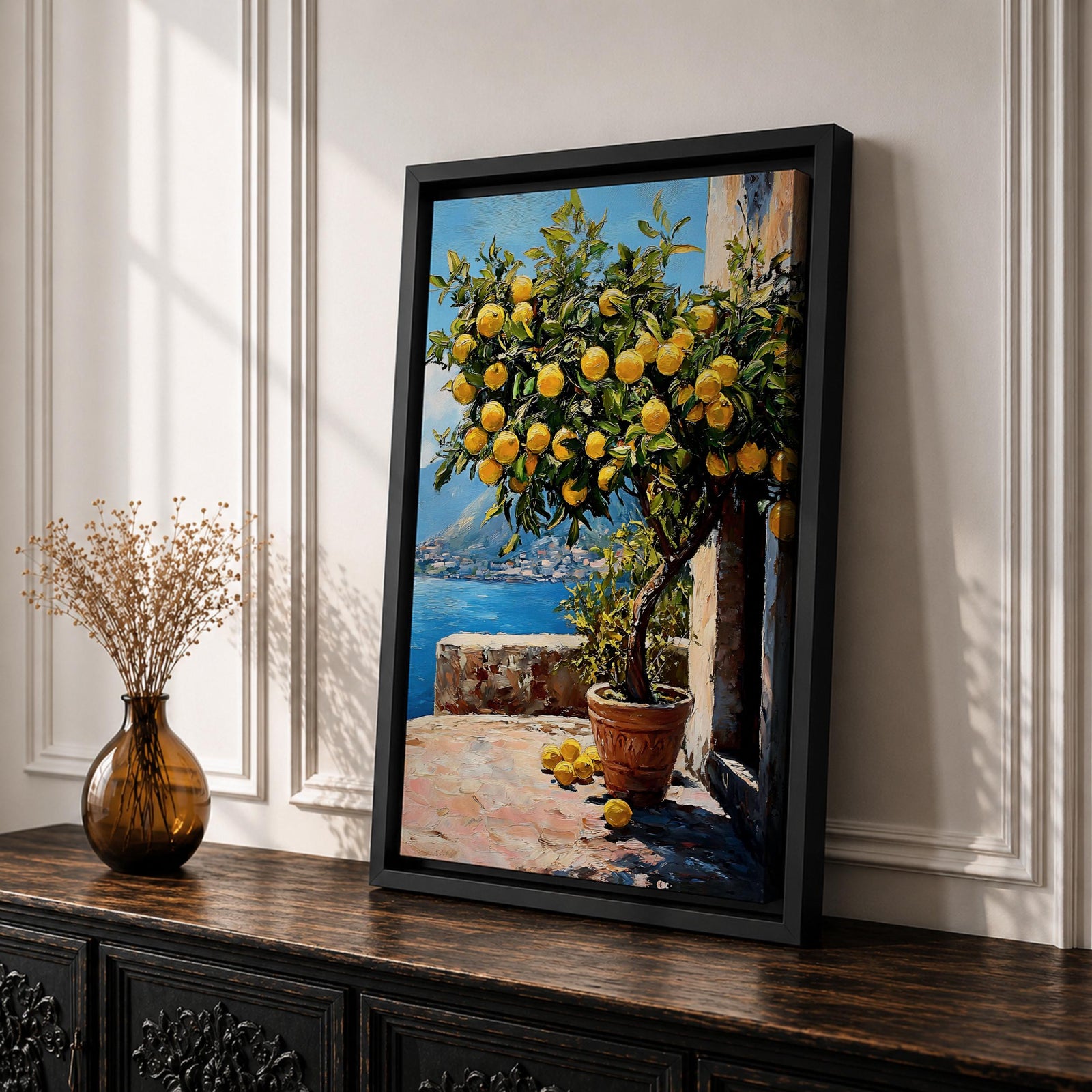 A vibrant painting of a lemon tree laden with ripe yellow lemons in a terracotta pot on a sunlit terrace overlooking a blue sea and distant mountains, rendered in a realistic style with rich textures and detailed foliage.