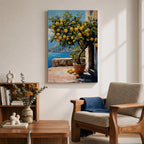 A vibrant painting of a lemon tree laden with ripe yellow lemons in a terracotta pot on a sunlit terrace overlooking a blue sea and distant mountains, rendered in a realistic style with rich textures and detailed foliage.