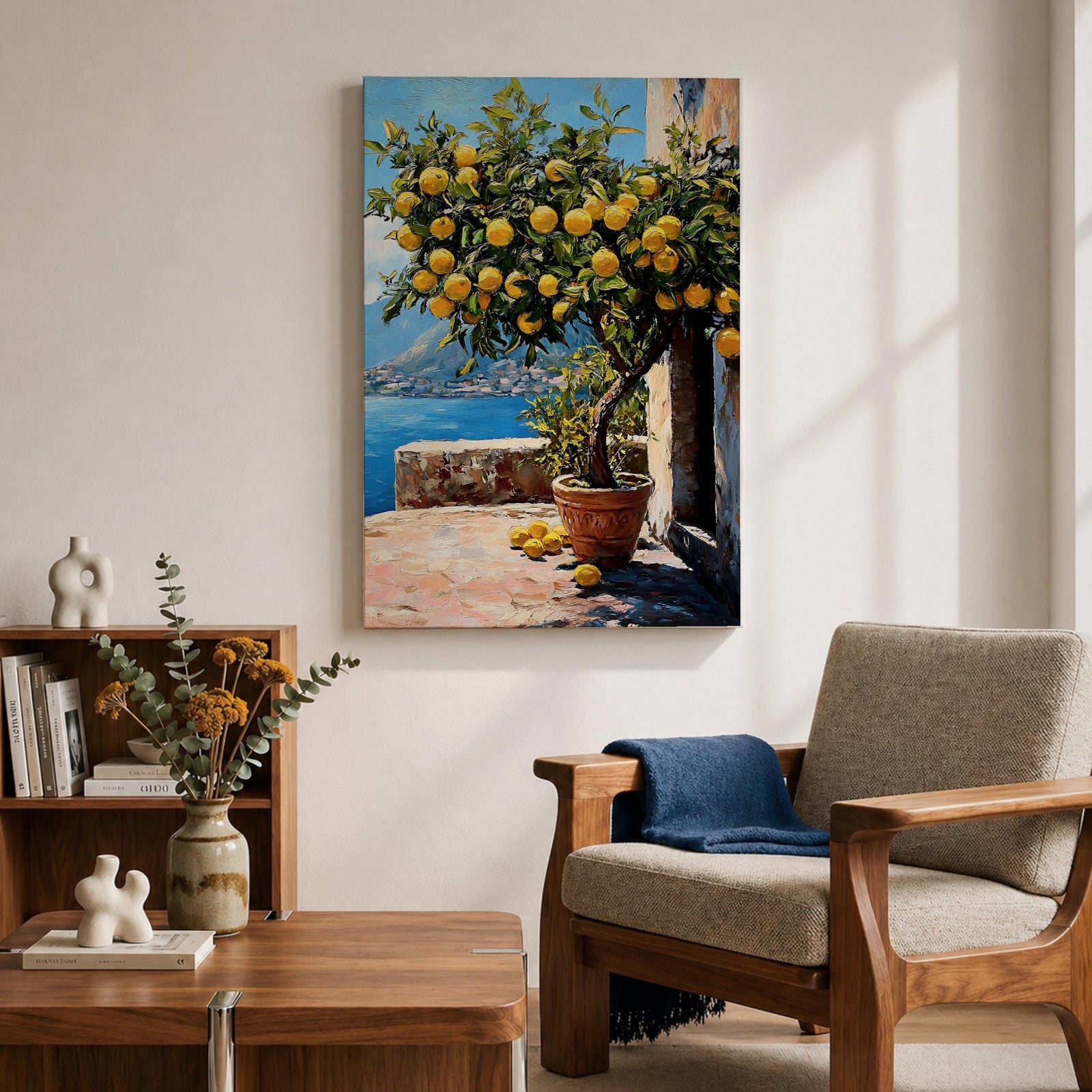 A vibrant painting of a lemon tree laden with ripe yellow lemons in a terracotta pot on a sunlit terrace overlooking a blue sea and distant mountains, rendered in a realistic style with rich textures and detailed foliage.