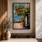 A vibrant painting of a lemon tree laden with ripe yellow lemons in a terracotta pot on a sunlit terrace overlooking a blue sea and distant mountains, rendered in a realistic style with rich textures and detailed foliage.