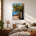 A vibrant painting of a lemon tree laden with ripe yellow lemons in a terracotta pot on a sunlit terrace overlooking a blue sea and distant mountains, rendered in a realistic style with rich textures and detailed foliage.