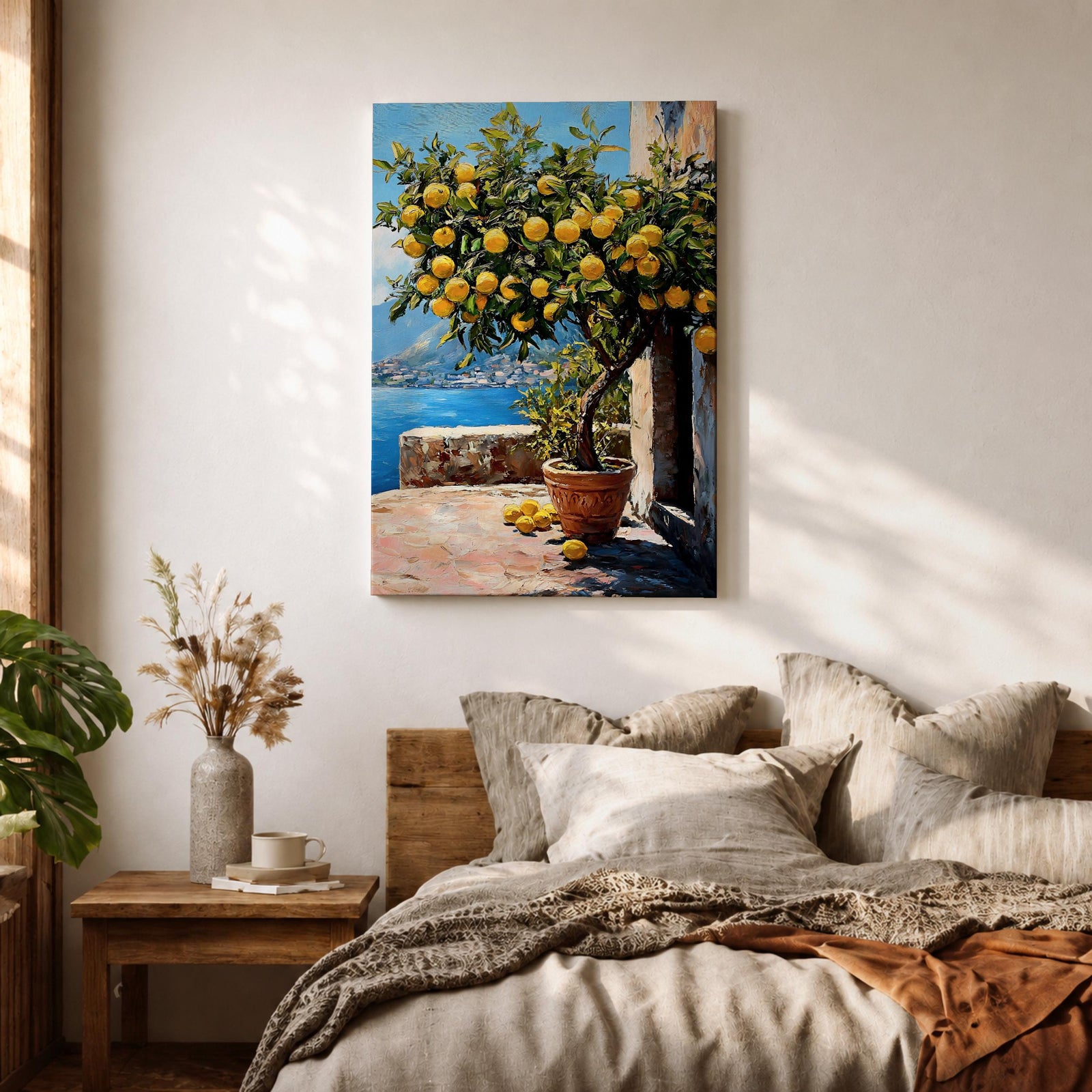 A vibrant painting of a lemon tree laden with ripe yellow lemons in a terracotta pot on a sunlit terrace overlooking a blue sea and distant mountains, rendered in a realistic style with rich textures and detailed foliage.