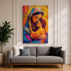 Vibrant mosaic style painting of Mary and Child showing the Virgin Mary gently embracing baby Jesus with both surrounded by glowing golden halos, rendered with bold geometric brushstrokes in bright blues, oranges, reds, and yellows forming a colorful devotional Christian portrait.