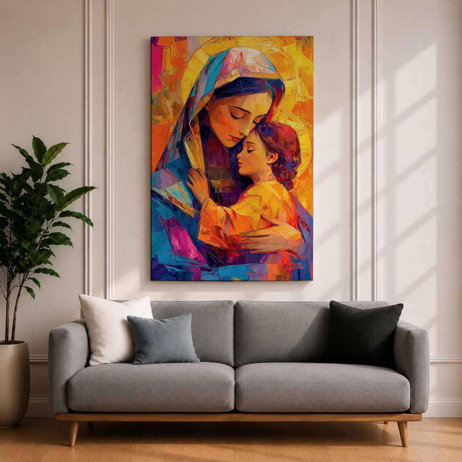 Vibrant mosaic style painting of Mary and Child showing the Virgin Mary gently embracing baby Jesus with both surrounded by glowing golden halos, rendered with bold geometric brushstrokes in bright blues, oranges, reds, and yellows forming a colorful devotional Christian portrait.