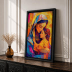 Vibrant mosaic style painting of Mary and Child showing the Virgin Mary gently embracing baby Jesus with both surrounded by glowing golden halos, rendered with bold geometric brushstrokes in bright blues, oranges, reds, and yellows forming a colorful devotional Christian portrait.