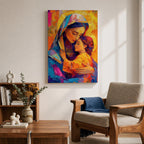 Vibrant mosaic style painting of Mary and Child showing the Virgin Mary gently embracing baby Jesus with both surrounded by glowing golden halos, rendered with bold geometric brushstrokes in bright blues, oranges, reds, and yellows forming a colorful devotional Christian portrait.