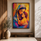 Vibrant mosaic style painting of Mary and Child showing the Virgin Mary gently embracing baby Jesus with both surrounded by glowing golden halos, rendered with bold geometric brushstrokes in bright blues, oranges, reds, and yellows forming a colorful devotional Christian portrait.