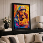 Vibrant mosaic style painting of Mary and Child showing the Virgin Mary gently embracing baby Jesus with both surrounded by glowing golden halos, rendered with bold geometric brushstrokes in bright blues, oranges, reds, and yellows forming a colorful devotional Christian portrait.