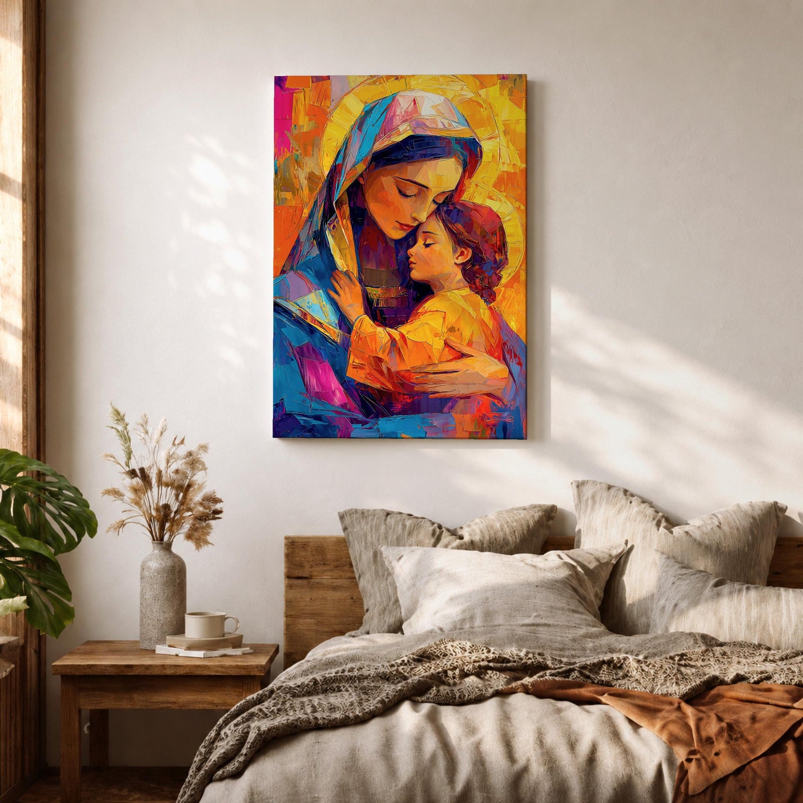 Vibrant mosaic style painting of Mary and Child showing the Virgin Mary gently embracing baby Jesus with both surrounded by glowing golden halos, rendered with bold geometric brushstrokes in bright blues, oranges, reds, and yellows forming a colorful devotional Christian portrait.