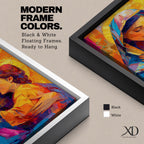 Vibrant mosaic style painting of Mary and Child showing the Virgin Mary gently embracing baby Jesus with both surrounded by glowing golden halos, rendered with bold geometric brushstrokes in bright blues, oranges, reds, and yellows forming a colorful devotional Christian portrait.