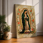 Decorative devotional illustration of Our Lady of Guadalupe standing in prayer with hands folded, wearing a green mantle with golden stars and a pink robe, surrounded by radiant golden rays and an ornate border of blooming roses and floral motifs in a traditional Mexican Catholic icon style.